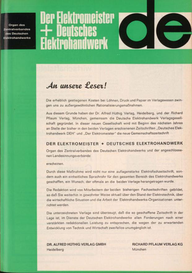 De Titelbild 1970: Fusion Deutsches Elektrohandwerk und Elektromeister